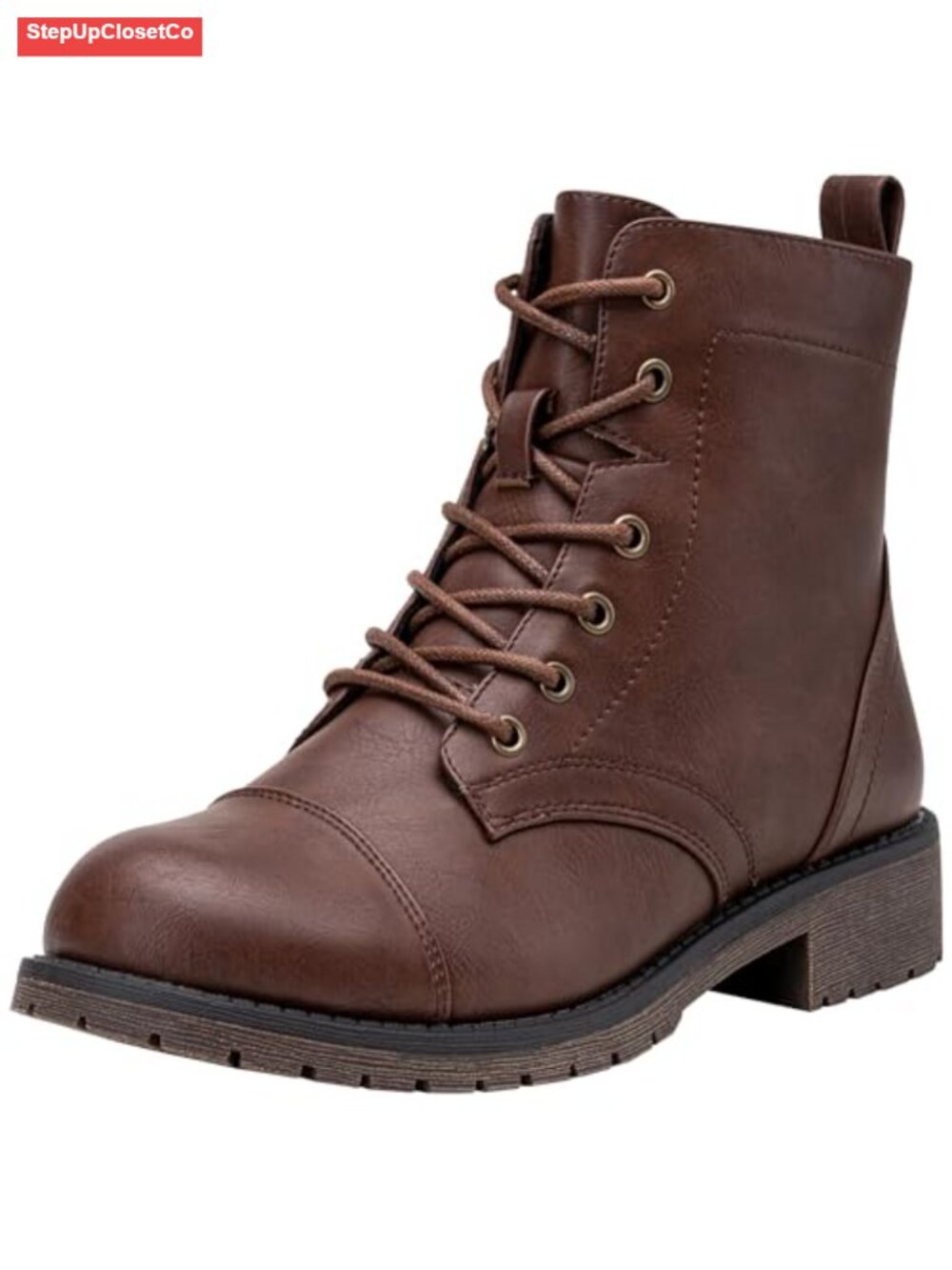 Faux Leather Lace Up Combat Ankle Boots Memory Foam Low Block Heel